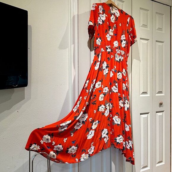 Retro Tomato Red & White Floral Flowy Short Sleeve Button Down A Line Maxi Dress - Picture 4 of 12